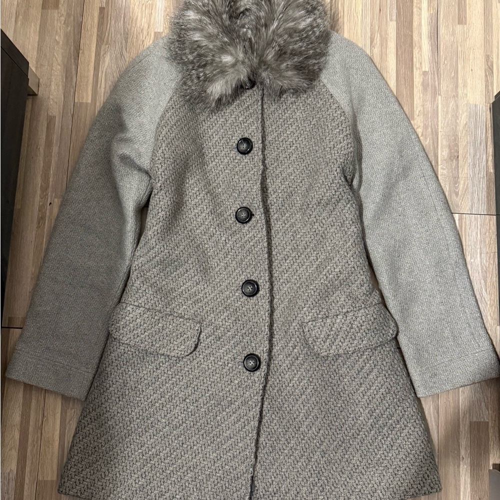 Promod Gray Textured Coat with Faux Fur Collar - Picture 8 of 9